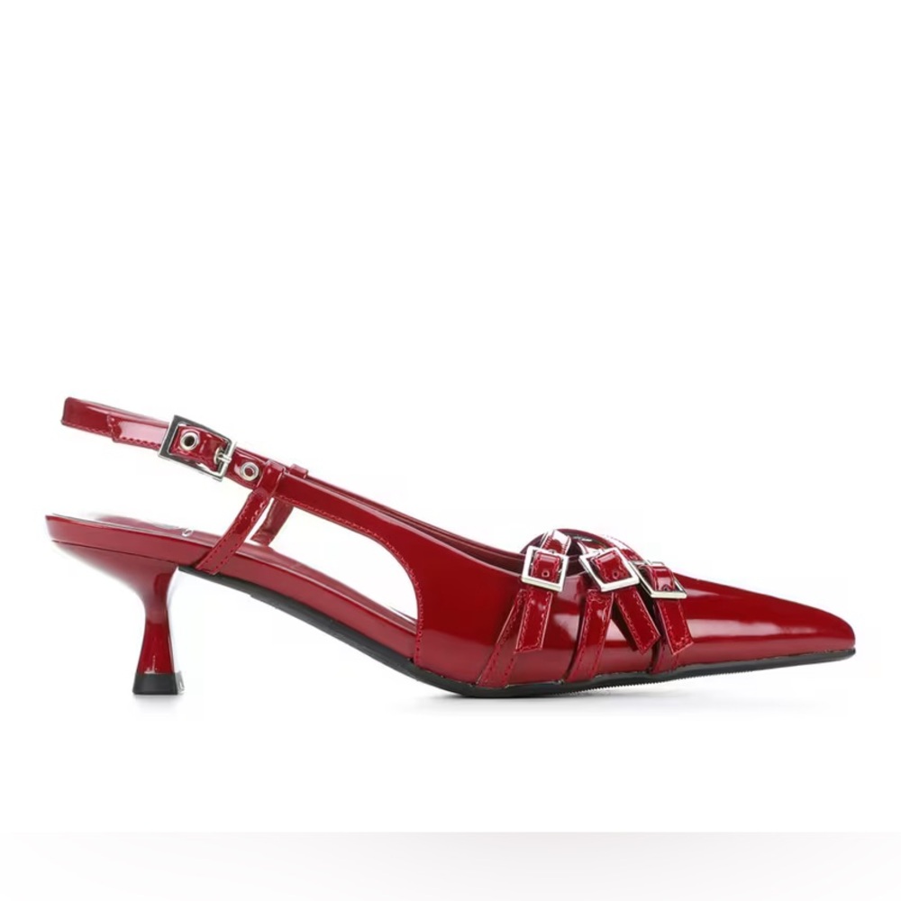 Red Patent colored kitten heels with buckle detailing